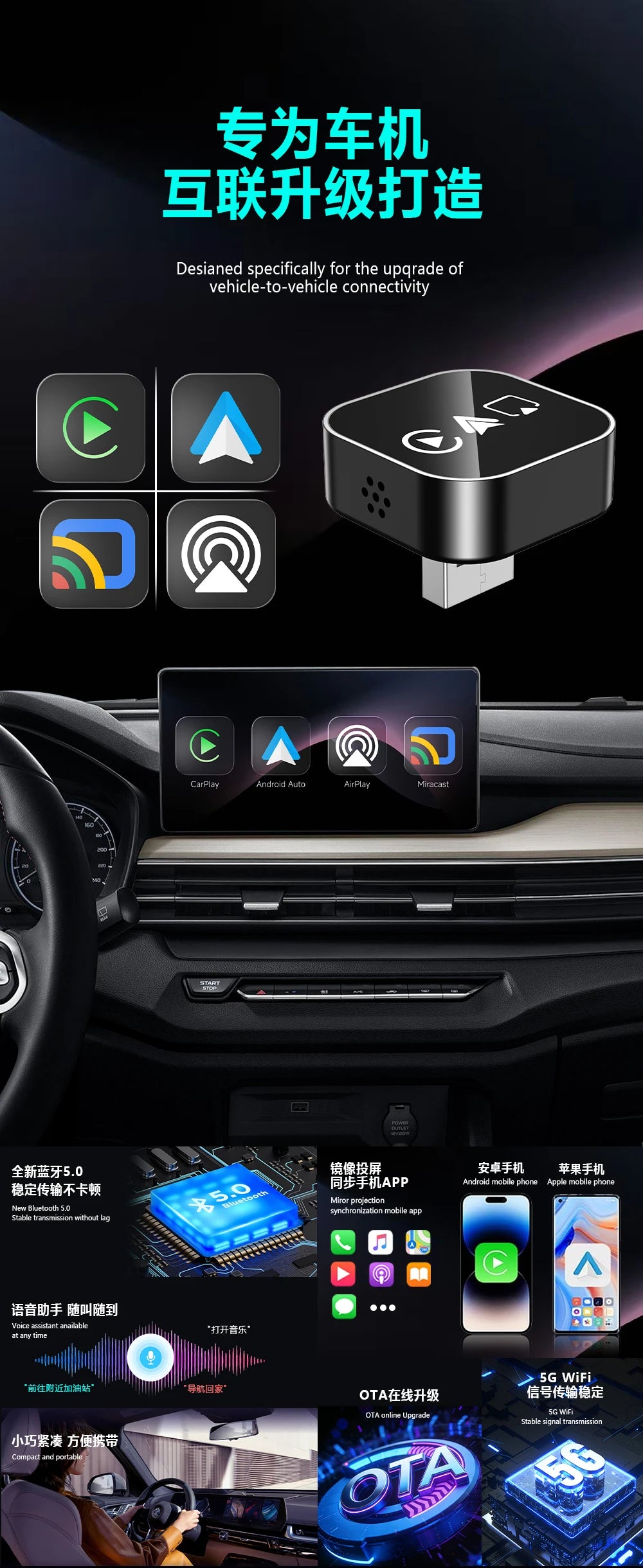 Adaptateur CarPlay 4-en-1 Nouvelle Version, Sans Fil, Bluetooth, Mise en Miroir d'Écran, Intelligent, Plug-and-Play