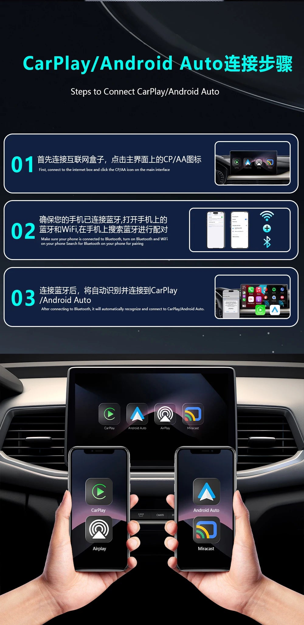 Adaptateur CarPlay 4-en-1 Nouvelle Version, Sans Fil, Bluetooth, Mise en Miroir d'Écran, Intelligent, Plug-and-Play